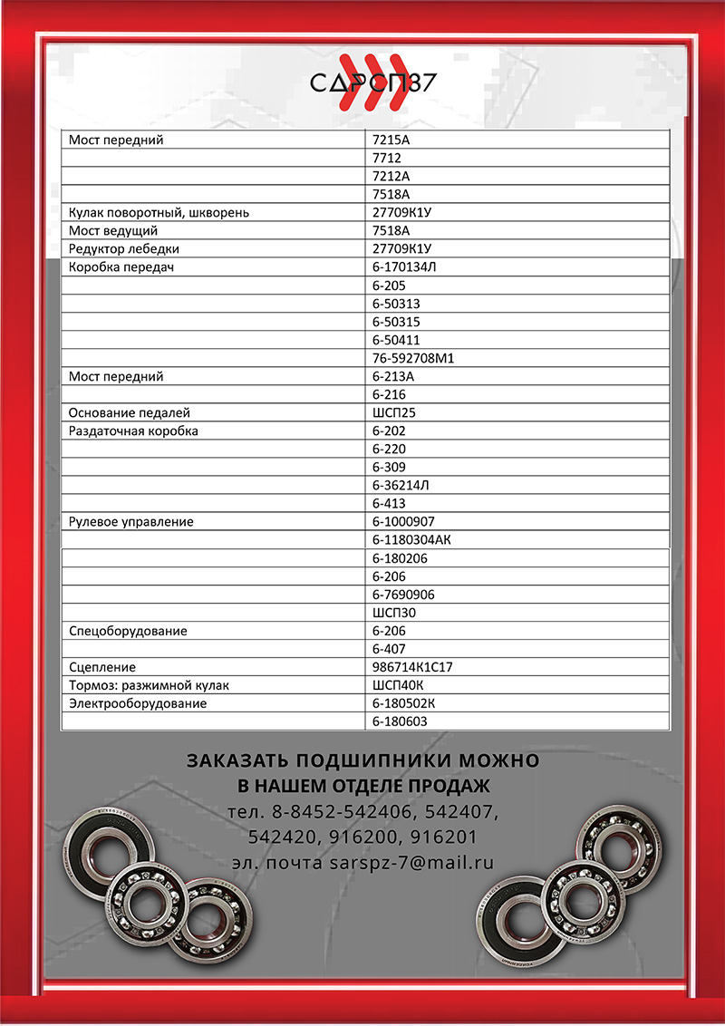 Подшипники на МАЗ-509А, МАЗ-5322, МАЗ-5336, МАЗ-5434, МАЗ-54321, МАЗ-5433, МАЗ-5551, МАЗ-55512