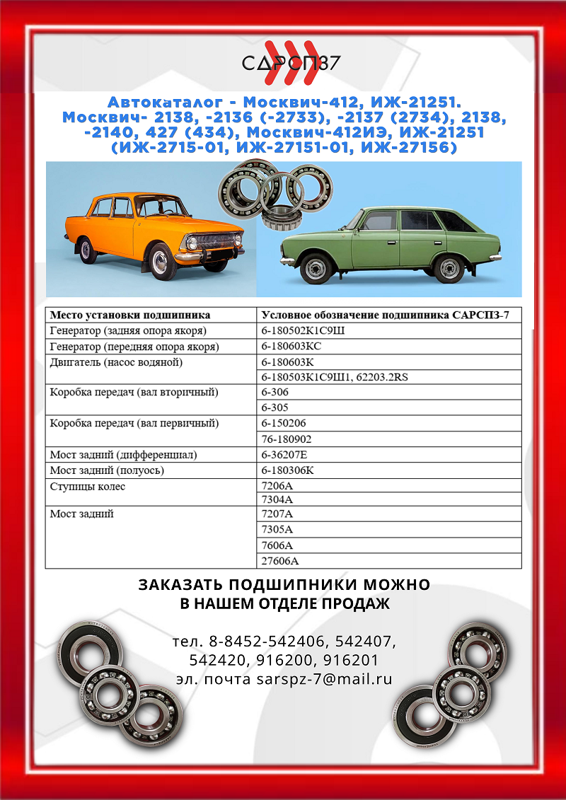 Подшипники для автомобилей МОСКВИЧ Подшипники для автомобилей МОСКВИЧ