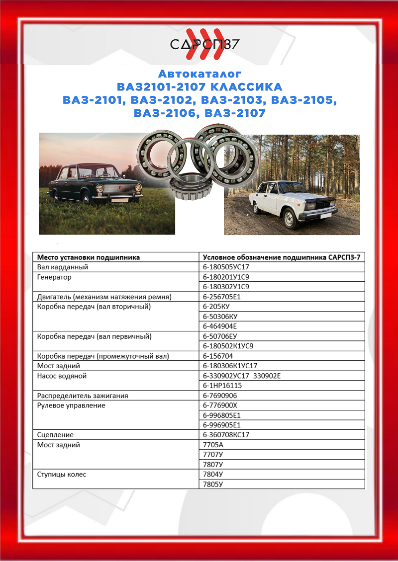 Подшипники для автомобилей ВАЗ 2101, 2102, 2103, 2104, 2105, 2106, 2107