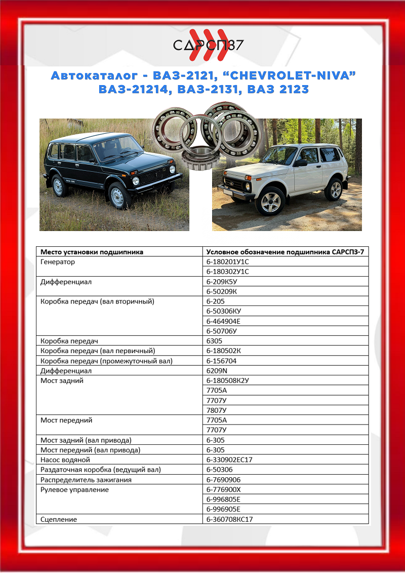 Подшипники для автомобилей ВАЗ 2121, 21214, 2131, 2123, Chevrolet Niva